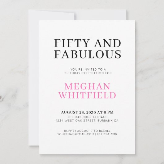 Invitation Minimal Fifty and Fabulous 50th Birthday Party (Devant)