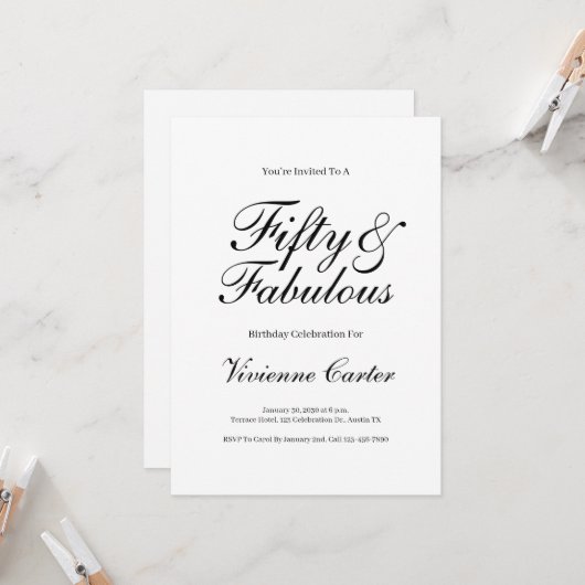 Invitation Minimal Fifty and Fabulous 50th Birthday Party (Devant/Arrière en situation)