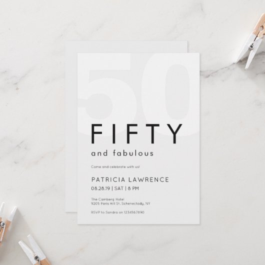 Invitation Minimal Fifty and Fabulous 50th Birthday Party (Devant/Arrière en situation)