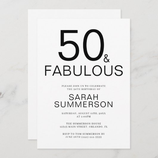 Invitation Minimal Fifty and Fabulous 50th Birthday Party (Devant / Derrière)