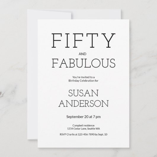 Invitation Minimal Fifty and Fabulous 50th Birthday Party (Devant)