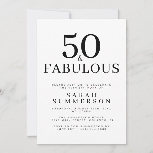Invitation Minimal Fifty and Fabulous 50th Birthday Party (Devant)