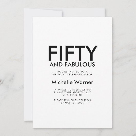 Invitation Minimal Fifty and Fabulous 50th Birthday Party (Devant)