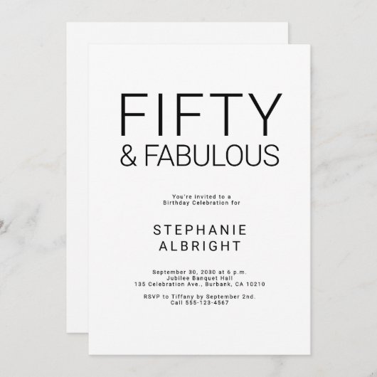 Invitation Minimal Fifty and Fabulous 50th Birthday Party Inv (Devant / Derrière)