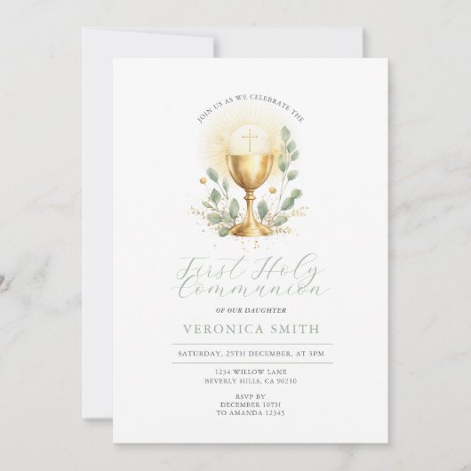 Invitation Minimal First Holy Communion Gold Chalice Cross (Devant)