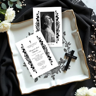 Invitation Minimal Floral Back & White Garland Photo Funeral