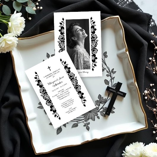 Invitation Minimal Floral Back & White Garland Photo Funeral