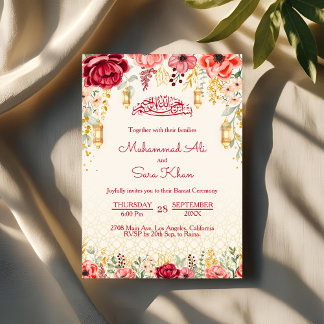 Invitation Minimal Floral Baraat Rouge musulman Mariage Nikka