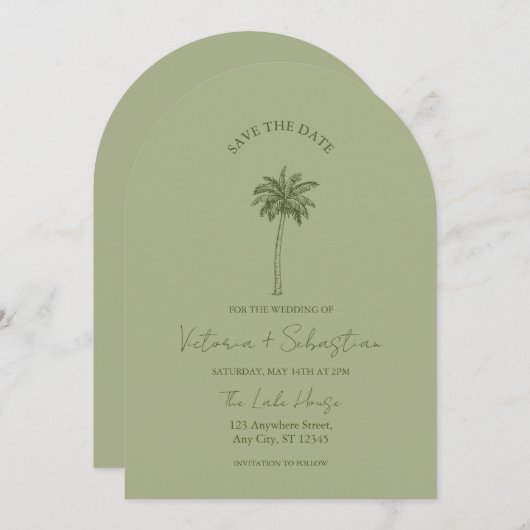 Invitation Minimal Green Palm Tree Beach Save The Date (Devant / Derrière)