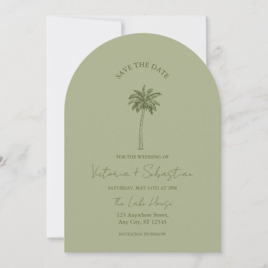 Invitation Minimal Green Palm Tree Beach Save The Date (Devant)