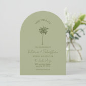 Invitation Minimal Green Palm Tree Beach Save The Date (Debout devant)