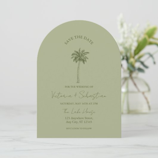 Invitation Minimal Green Palm Tree Beach Save The Date (Debout devant)