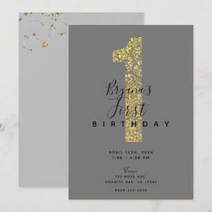 Invitation Minimal Grey Gold Flakes 1 Pailletés 1er Anniversa