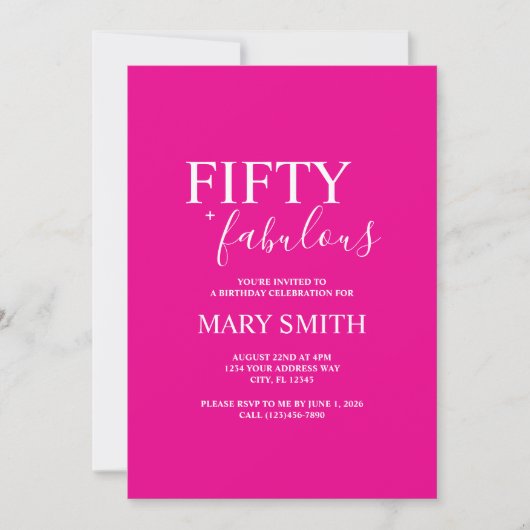 Invitation Minimal Hot Pink Fifty and Fabulous 50th Birthday (Devant)