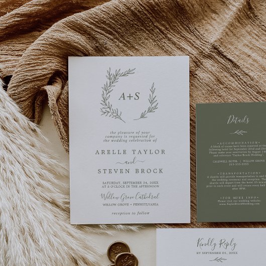 Invitation Minimal Leaf | Olive Green Formal Monogram Wedding