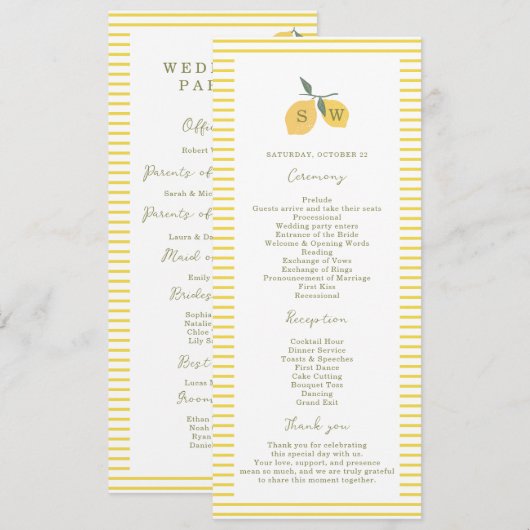 Invitation Minimal Lemon Amalfi Coast Wedding Program Card (Devant / Derrière)