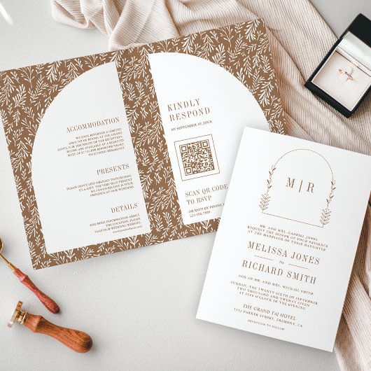Invitation Minimal Line Art Leaf Arch Beige Mariage
