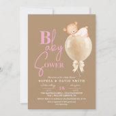 Invitation Minimal Modern Brown Pink Bear Balloon Baby Shower (Devant)