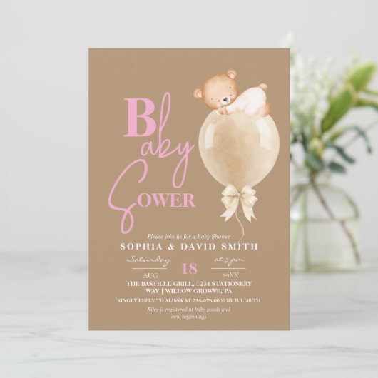 Invitation Minimal Modern Brown Pink Bear Balloon Baby Shower (Debout devant)
