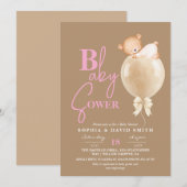 Invitation Minimal Modern Brown Pink Bear Balloon Baby Shower (Devant / Derrière)
