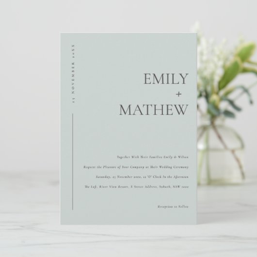 INVITATION MINIMAL MODERN SOFT BLUE GREY TYPOGRAPHY WEDDING (Debout devant)