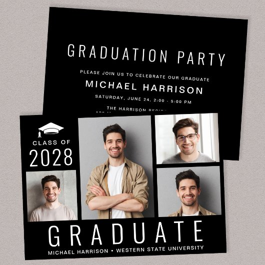 Invitation Minimal moderne 4 photo Black Graduation Party