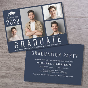 Invitation Minimal moderne 4 Photo Blue Graduation Party