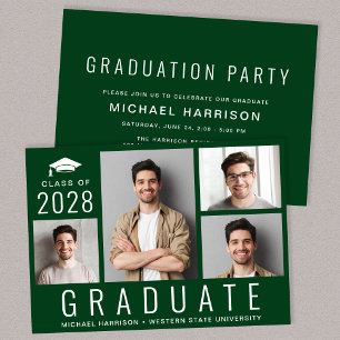 Invitation Minimal moderne 4 photo Green Graduation Party