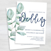 Invitation Minimal moderne Eucalyptus Green Mariage bleu mari