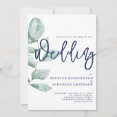 Invitation Minimal moderne Eucalyptus Green Mariage bleu mari (Devant)