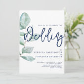 Invitation Minimal moderne Eucalyptus Green Mariage bleu mari (Debout devant)