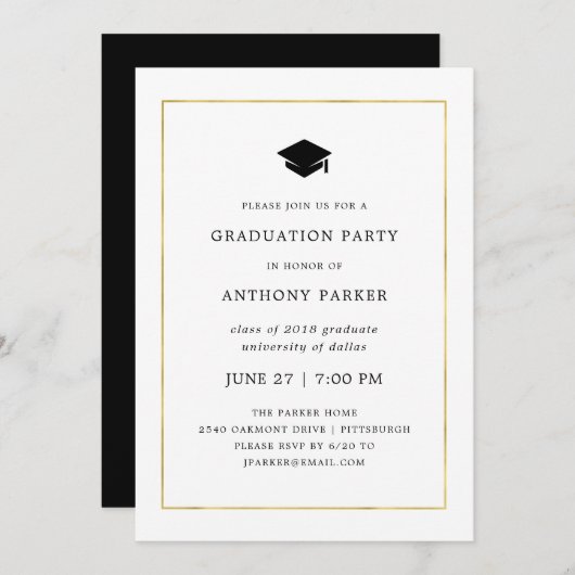 Invitation Minimal moderne| Faux Gold Border Graduation Party (Devant / Derrière)