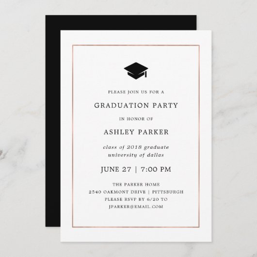 Invitation Minimal moderne | Faux Rose Gold Border Grad Party (Devant / Derrière)