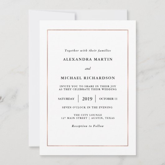 Invitation Minimal moderne | Faux Rose Gold Border Mariage (Devant)