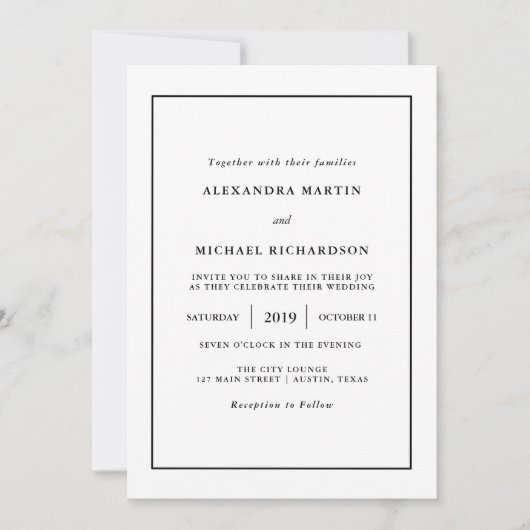 Invitation Minimal moderne| Mariage frontalier noir (Devant)