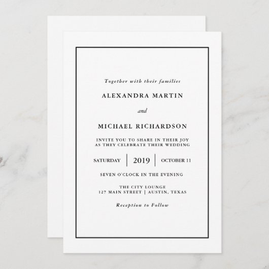 Invitation Minimal moderne| Mariage frontalier noir (Devant / Derrière)