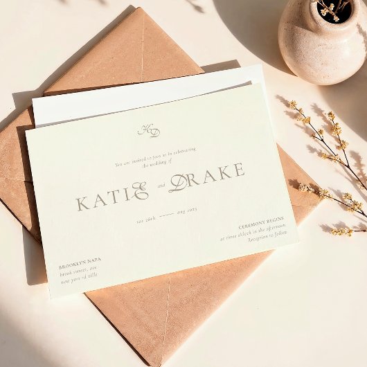 Invitation Minimal Monogram Cream Ivory Script Wedding