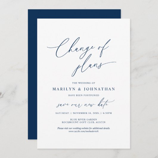 Invitation Minimal Navy, Changement de plans, mariage reporté (Devant / Derrière)