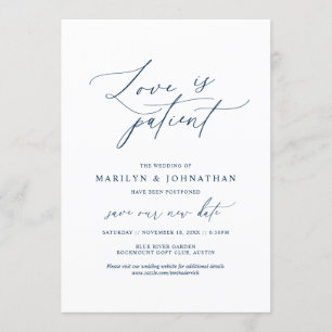Invitation Minimal Navy, L'amour est patient, mariage reporté