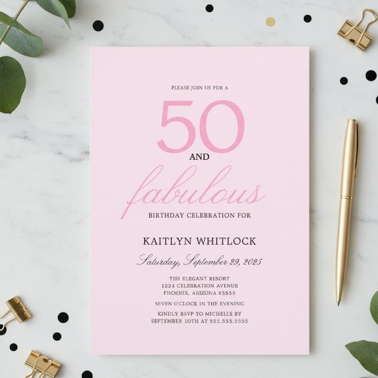 Invitation Minimal Pink Script 50 and Fabulous 50th Birthday