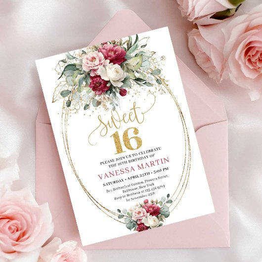 Invitation Minimal Red Blush Greenery Gold Sweet 16 Birthday