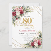 Invitation Minimal Red Burgundy Floral 80th Birthday Invite (Devant)