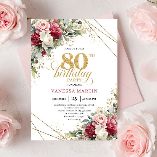 Invitation Minimal Red Burgundy Floral 80th Birthday Invite