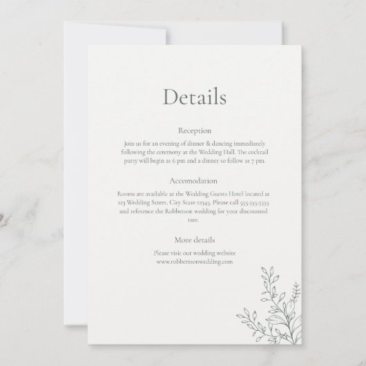 Invitation Minimal Sage Green Botanical Details Card (Devant)