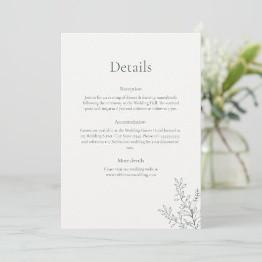 Invitation Minimal Sage Green Botanical Details Card (Debout devant)