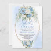 Invitation Minimal Script Dusty Blue Floral Sweet 16 Birthday (Devant)