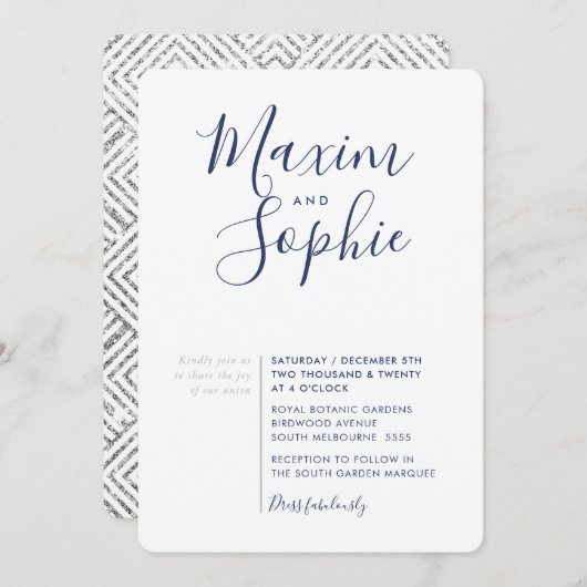 Invitation MINIMAL SCRIPT simple moderne mariage marine argen (Devant / Derrière)