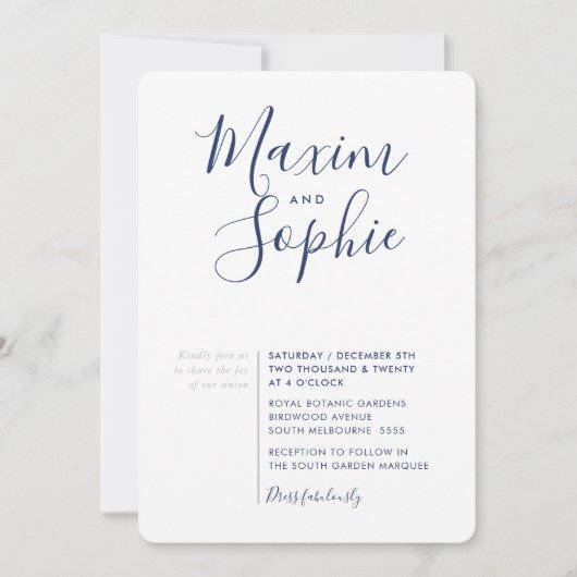 Invitation MINIMAL SCRIPT simple moderne mariage marine argen (Devant)