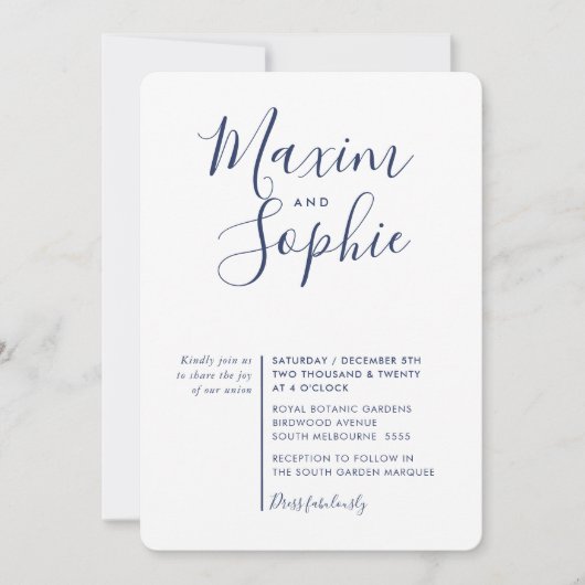 Invitation MINIMAL SCRIPT simple moderne mariage marine bleu (Devant)