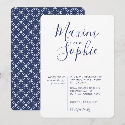 Invitation MINIMAL SCRIPT simple moderne mariage marine bleu (Devant / Derrière)